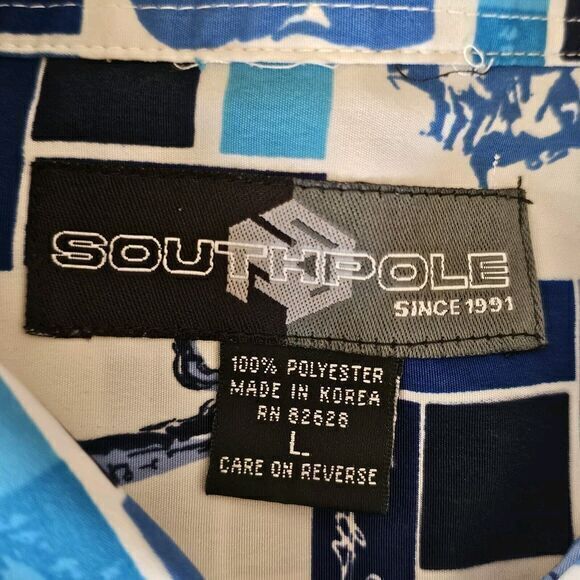 Y2k VTG South Pole S/S Button Up Musical Saxophone Artist Baggy Blue White Check - Picture 2 of 4